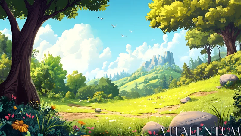 Panoramic valley landscape with ancient trees, stratified geology, aerial perspective