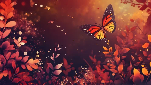 Monarch butterfly in luminous autumn foliage gradient field.