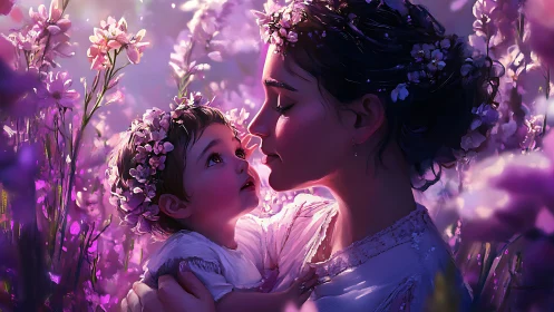 Mother and child amid flowering plants in purple-tinted digital rendering.