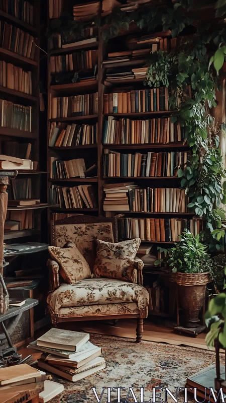 Vintage reading nook in lush book-lined library corner.
