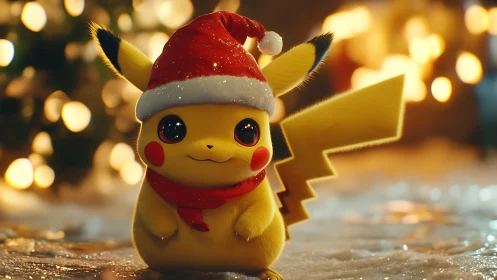 Pikachu wears Santa hat in soft glowing holiday bokeh