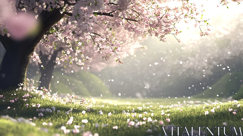 Spring blossom grove under soft dawn backlight.