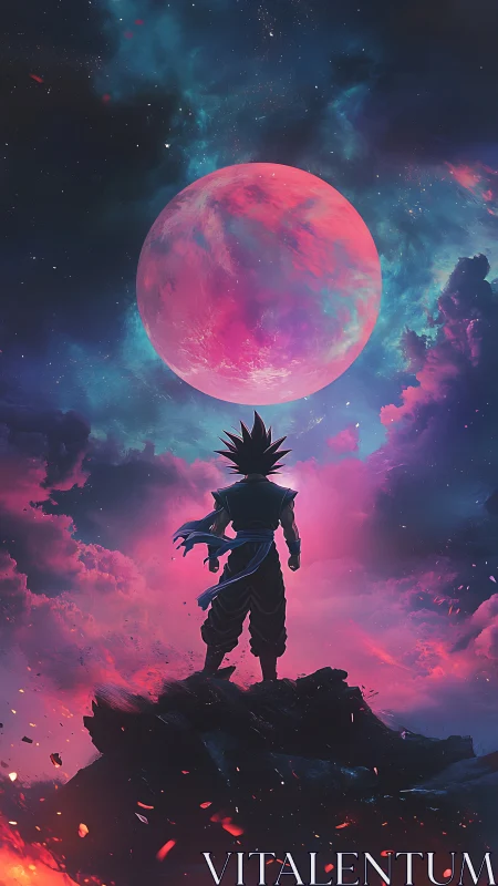 Lone anime warrior gazes at glowing pink planet in stormy sky