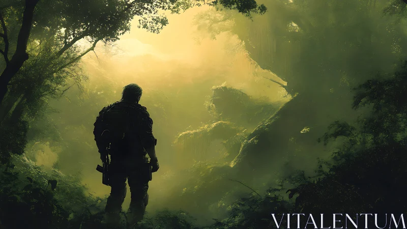 Lone soldier surveying misty jungle under blazing light.
