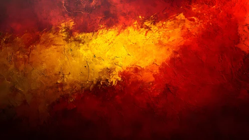 Fiery Abstract Textured Painting with Red and Yellow Brushstrokes.