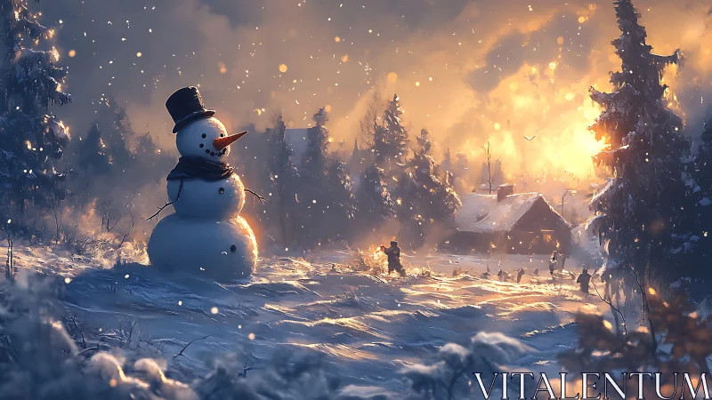 Snowman at sunset watching a cozy winter cabin glow.