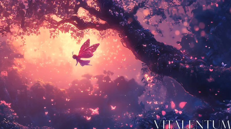Softly glowing fairy drifts through a dreamy twilight forest