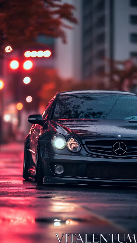 Sleek black Mercedes glowing against rainy city lights.