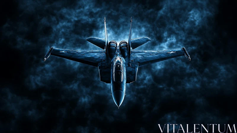 Supersonic tactical jet rendered in high-contrast blue luminance.