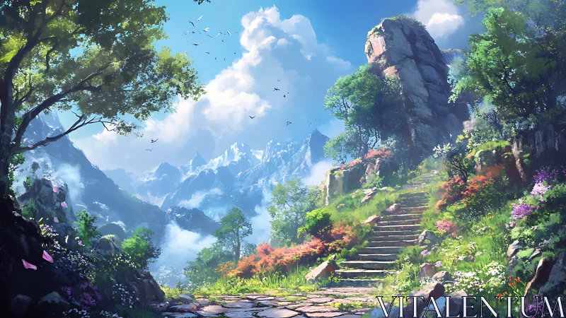 Luminous alpine pathway with terraced flora and misted peaks.