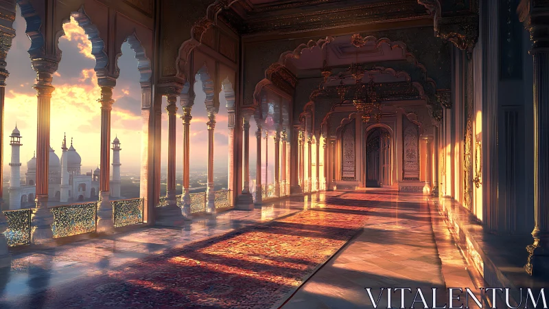 Sunlit palace corridor drifts between marble, sky and silence