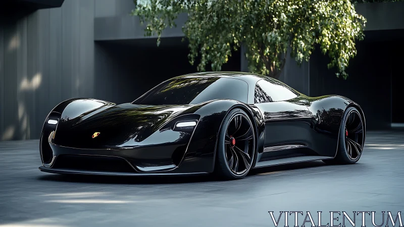 Sleek black electric supercar waits in a calm urban courtyard