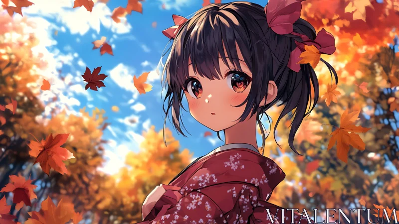 Autumn-lit anime girl in kimono framed by dynamic falling maple leaves