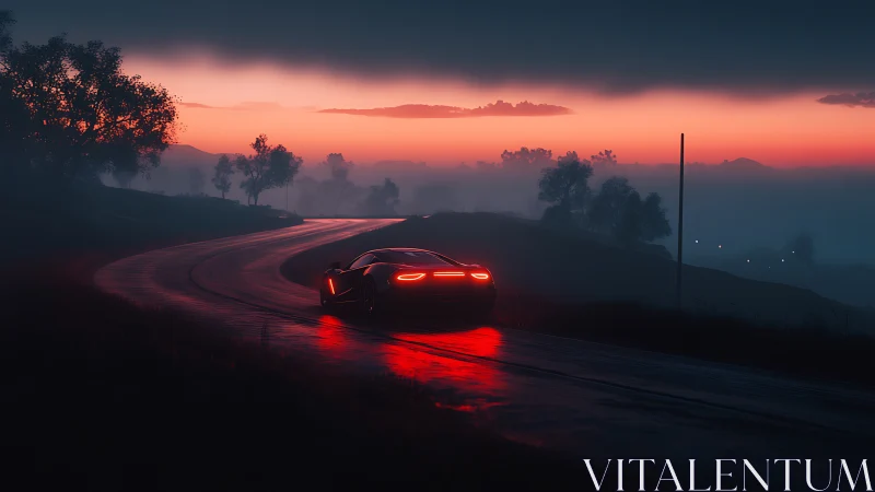 Neon-tailed supercar traces firelight across a misty dusk road