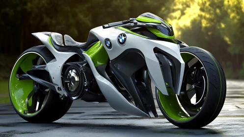 Futuristic BMW sport motorcycle concept with neon green trim.