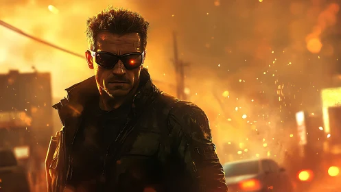 Cyborg enforcer walks through burning urban chaos at dusk