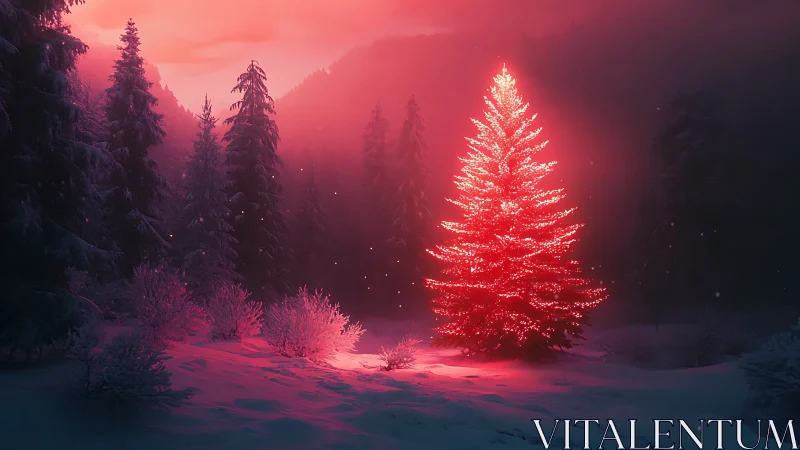 Glowing winter Christmas tree lighting up a quiet forest night.