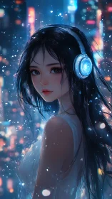 Girl with glowing headphones stands in neon city snowfall
