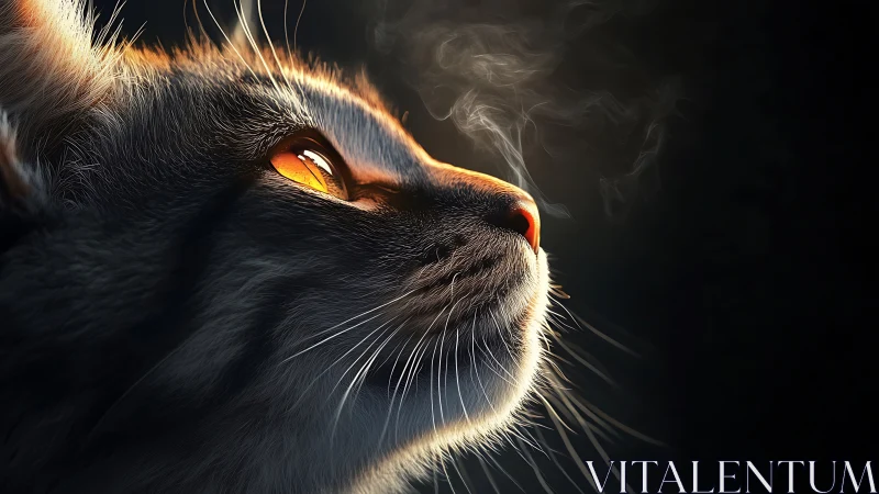 Cat with Glowing Golden Eyes in Dark Light.