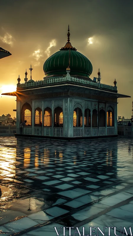 Islamic shrine with green dome under dramatic sunset sky