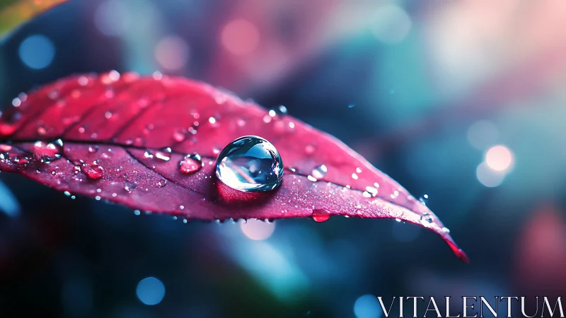 Macro water droplet resting on vivid red leaf surface.