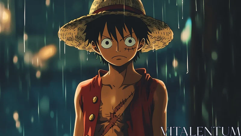 Straw-hat boy stands in the rain with fierce, determined gaze.