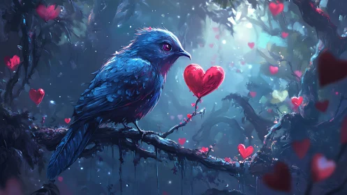 Blue bird perched on branch with red heart-shaped objects in surreal forest setting
