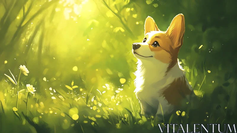 Digital painting of corgi in luminous forest glade composition.
