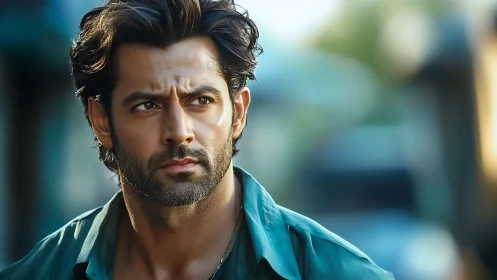 Brooding urban portrait of man in teal shirt outdoors.