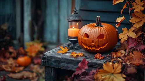 Carved jack o lantern glows beside candle on weathered bench