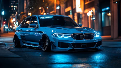 Modified BMW sedan parked on wet city street at night.