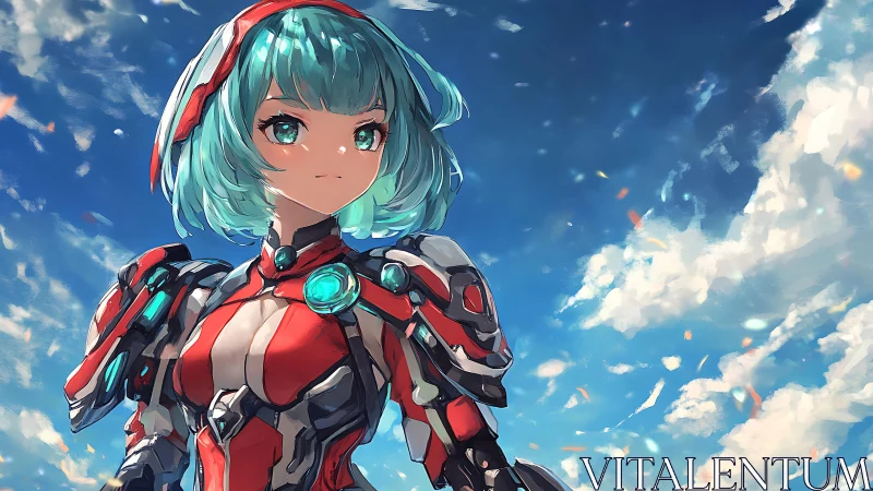 Cyan‑haired mecha heroine under dynamic cloudscape sky.
