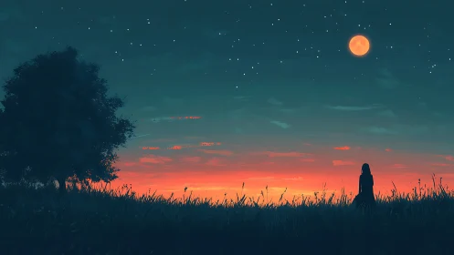 Lunar-illuminated grassland silhouette under chromatic dusk sky.