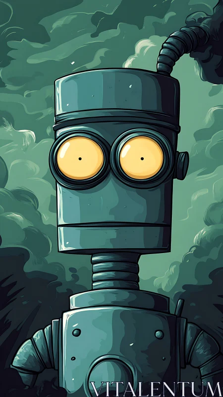 Curious cartoon robot gazes ahead with wide glowing eyes