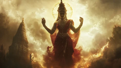 Divine goddess silhouette framed by radial backlight and temple ruins