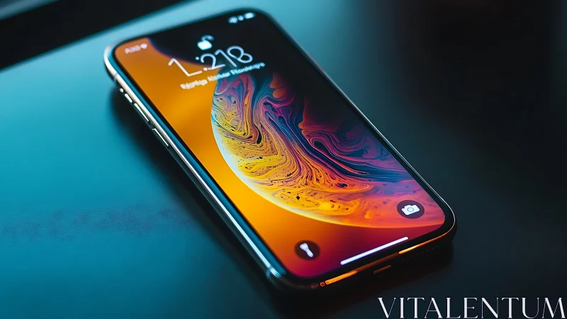 iPhone XS Max with abstract liquid metal wallpaper displayed.