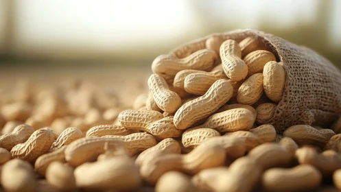 Whole peanuts spill from rustic burlap sack in sunlight.
