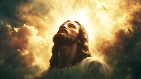 Radiant bearded figure gazes heavenward through glowing clouds