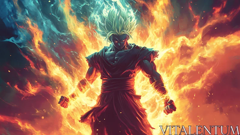 Fiery anime warrior glowing with unstoppable cosmic power.