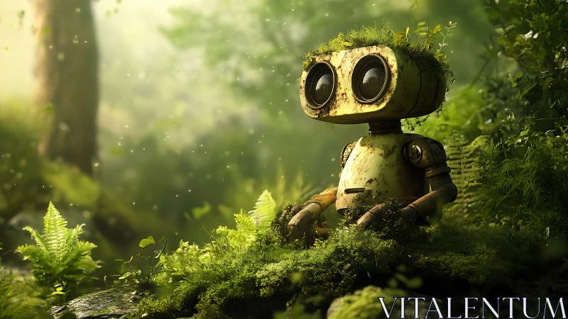 Curious little forest robot resting in a glowing green world.