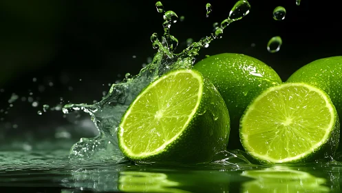 Sliced limes burst in vivid green splashes of refreshing water