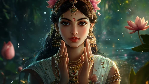 Digital portrait depicts woman in ornate attire by water