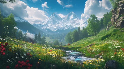Digital alpine valley render shows stream, meadow and peaks