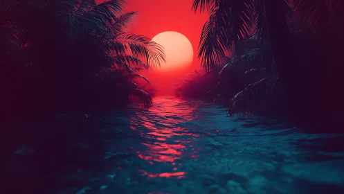 Neon lagoon sunset drifting between dreamy palm shadows.