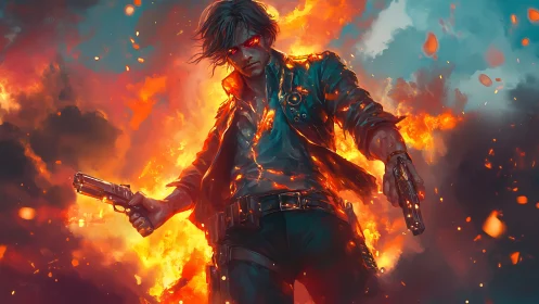 Incandescent gunfighter amid volumetric firestorm dynamics.