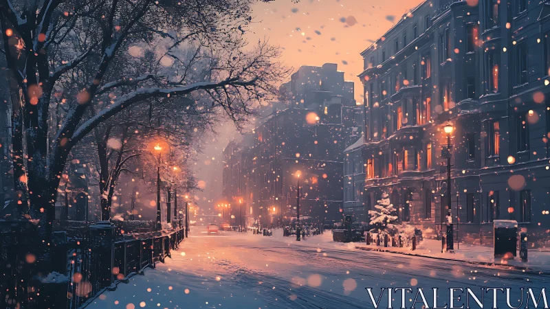 Snowy city street glowing with cozy winter evening light.