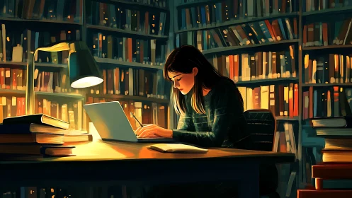 Warm library study scene with directional lamplight and laptop glow