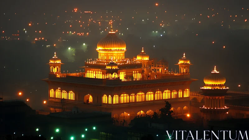 Golden temple glows like a lantern city in midnight haze.