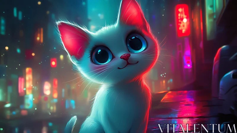 Cute white cartoon kitten in neon lit rainy city street.