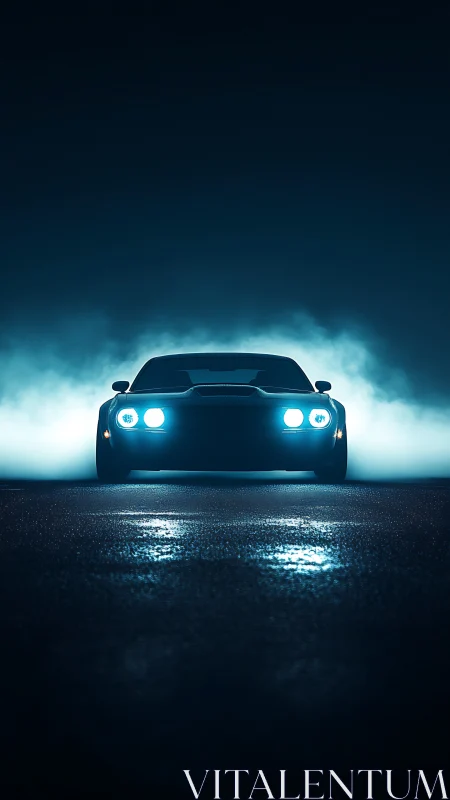 Midnight muscle car silhouette with glowing blue headlights.